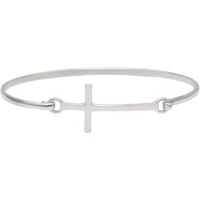 Silverly Classic Cross Sterling Silver Bangle - Religious Jewellery for Women - Minimalist 925 Silver Bracelet for Women - Christian Crucifix Pressure Clasp Bangle Bracelet