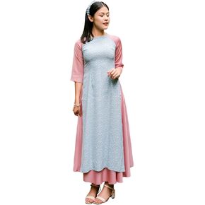 Mom and Daughter Blue Hoa Matching Ao Dai Skirt Set with Headband| Pre-made Vietnamese Ao Dai