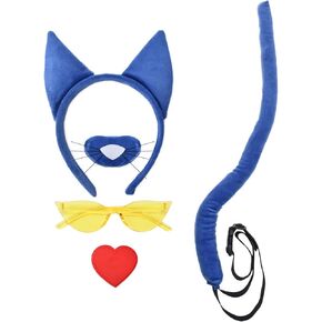 HODRME 5 Pieces Cat Ears and Tail Set-Blue Cat Headband Nose Tail Glasses Heart Patch Cosplay Party Halloween Costume Accessories for Kids and Adults