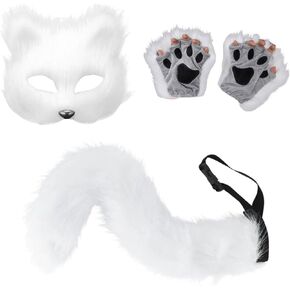 Faux Fur Fox Tail Cat Wolf Cosplay Costume Set, Furry Orc Mask and Fox Tail Gloves Set Fox Cosplay Set Halloween Christmas Party Girls Women, Mask, a Pair of Gloves and a Tail 3 Piece Set