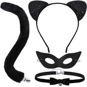 Cat Ears Headband and Tail Cat Mask with Bell Collar Set Black Cat Ears and Tail Set for Adult Kids Cat Costume Accessories for Women Girls Halloween Party Cosplay Costumes