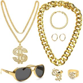 CrazyPiercing Hip Hop Costume Kit 80s 90s Old School Rapper Accessories Outfit for Men, Sunglasses Faux Gold Chain Bracelet Dollar Sign Chain Rings Earrings Halloween Party Decorations