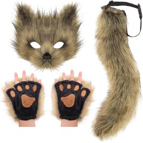 DRESHOW Faux Fur Fox Tail Cat Wolf Cosplay Costume Set Fluffy Plush Mask Paw Gloves Tail for Women Girls