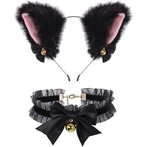 Cat Ears Headband and Lace Choker Neckwear Set Bow Bells Fur Headwear for Women Girls Halloween Cosplay Costume Party