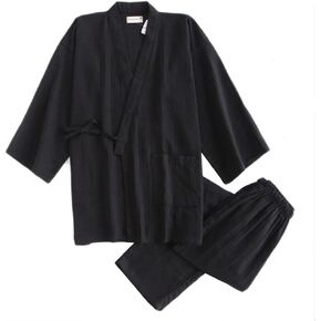 Men's Japanese Style Double Gauze Cotton Kimono Pajamas Suit Dressing Gown Set[Black,L]