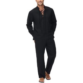Lamgool Mens 2 Pieces Cotton Linen Set Long Sleeve Shirts Casual Drawstring Yoga Pants Summer Beach Wedding Outfits