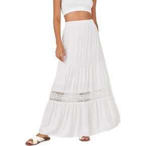LYANER Women's Ruffle Tiered Long Skirt Elastic High Waist Pleated Lace Trim A-line Boho Maxi Skirts