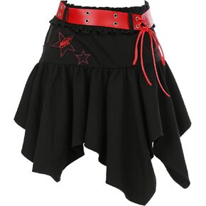 Winx Club Women's Mini Skirt Y2K High Waist Black Uneven Ruching Mini Skirt Paired with Red Belt