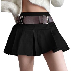 AULKEEP Womens College Style Mini Belt Skirts Swing A-Line Pleated Skirt Vintage Ruffle Short Brown Skirts