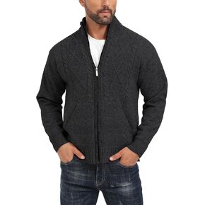Les umes Mens Knitted Full Zipper Cardigan Fleece Lined Sweater Warm Stand Collar Jumper Coat with Pockets
