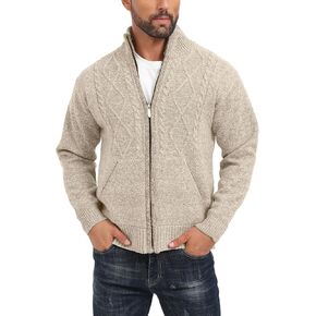 Les umes Mens Knitted Full Zipper Cardigan Fleece Lined Sweater Warm Stand Collar Jumper Coat with Pockets in Kuwait