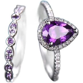 2Pcs 925 Sterling Silver Womens Purple 3Ct CZ Engagement Rings 925 Sterling Silver Shining Amethyst Ring Tear Drop Shape Cubic Zirconia Promise Rings Set
