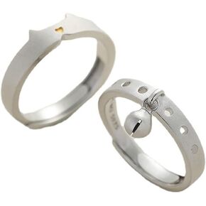 Lovely Cats/Bells Matching Rings for Women Dainty Heart Cat Ears Dangle Bell Open Adjustable Ring Sterling Silver Plated Stacking Finger Bands Set Cute Animal Promise Jewelry Gifts for Bff To My Bestie Daughter Pet Lover Xmas