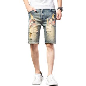 Men's Vintage Distressed Straight Denim Shorts Slim Fit Ripped Jean Short