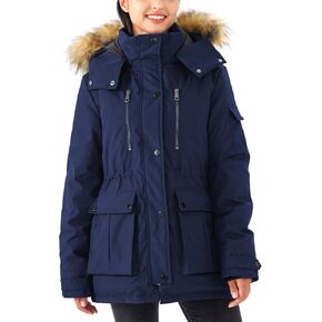Women's Mid Length Down Jacket Thickened Puffer Two-Way Zipper Coat with Faux Fur Removable Hood Dark Blue S