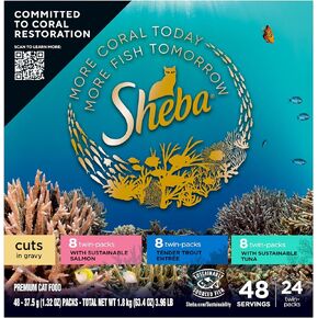Sheba Perfect Portions Cuts in Gravy Wet Cat Food Trays (24 Count, 48 Servings), Salmon, Trout, and Sustainable Tuna Entrée Variety Pack, Easy Peel Twin-Pack Trays