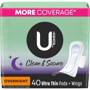 U by Kotex Clean & Secure Ultra Thin Overnight Pads with Wings, 168 Count (6 Packs of 28)