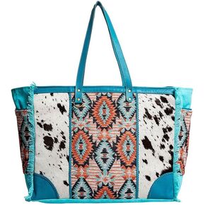 Myra Bag Weekender Bag for Women - Western Upcycled Canvas and Leather Shoulder Tote Bag Teal
