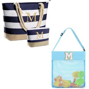 YOOLIFE Beach Bag and Makeup Bag Set, Mesh Beach Bag, Blue, Initial M