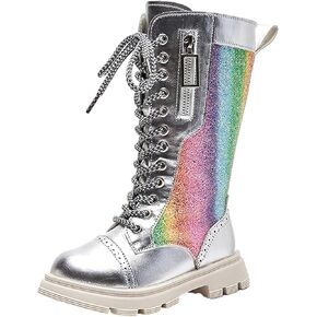 rismart Girl's Glitter Riding Boots Knee High Lace-up Side Zipper Tall Dress Shoes