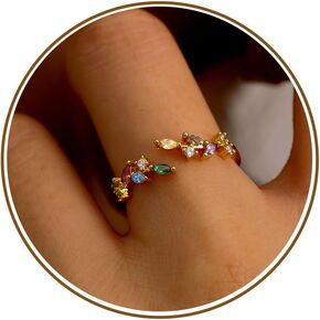 Gold Rings for Women Non Tarnish Birthday Gifts for Sister Cubic Zirconia Adjustable Ring Christmas Gifts for Mom Leaf Ring Stackable Gold Jewelry