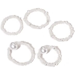 4 pcs White Pearl Adjustable Rings for Women and Handmade Stacking Stackable Beaded Rings (4 pcs White Pearl)