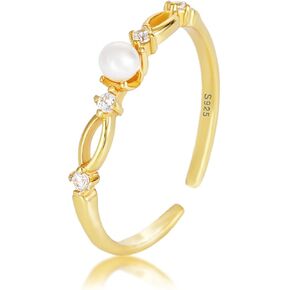 Sterling Silver Pearl Ring,Pearl Hammered Ring Stackable Cubic Zirconia Thin Band Ring Non Tarnish High Polished Rings For Women Men