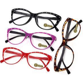 LUFF Reading Glasses for Women Blue Light Blocking,4 Pairs 4 Color Elegant Computer Glasses With Bling Diamond,Cat Eye Design