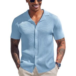 COOFANDY Men's Knit Button Down Shirt Short Sleeve Polo Sweater Summer Casual Shirts Cuban Beach Tops