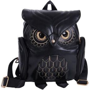 HYY Black Woman PU Leather Owl Cartoon Backpack Fashion Casual Satchel Purse
