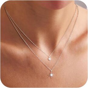 Gold Layered Necklace for Woman 14K Real Gold Silver Necklace Set Dainty Herringbone Necklace Trendy Choker Necklace Zirconia Pendant Gold Jewelry for Woman Gift