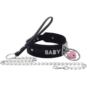 paloli Pink Heart Padlock O-ring Choker and Leash, Punk Gothic Letter Leather Collar Pink padlock Jewelries For Women