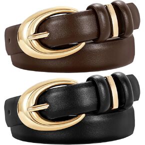 2 Pack Women Leather Belt for Jeans Pants Fashion Ladies Skinny Faux Leather Belt with Gold Buckle