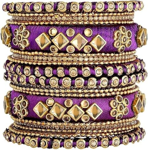 Aheli Ethnic Handmade Silk Thread Faux Stone Studded Bangle Set Bracelet Chudha Indian Wedding Festive Wear Fashion Jewelry Gift for Women Blue in Kuwait