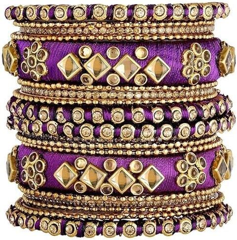 Aheli Ethnic Handmade Silk Thread Faux Stone Studded Bangle Set Bracelet Chudha Indian Wedding Festive Wear Fashion Jewelry Gift for Women Blue in Kuwait