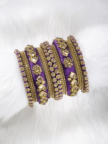 Aheli Ethnic Handmade Silk Thread Faux Stone Studded Bangle Set Bracelet Chudha Indian Wedding Festive Wear Fashion Jewelry Gift for Women Blue in Kuwait