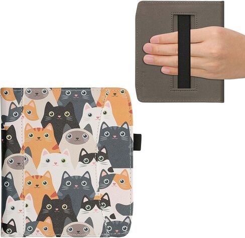 حافظة kwmobile متوافقة مع Pocketbook Era/Era Color - غطاء جلد PU مع إغلاق مغناطيسي، حزام، جيب أمامي - قطط برتقالي/أسود/أبيض in Kuwait