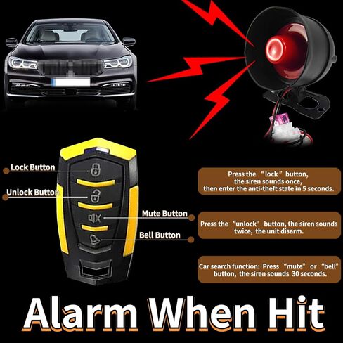 CHADWICK Car Horn Siren Alarm,Universal Car Alarm Security Protection System with 2 Remote Controls,7-Level Sensitivity,12v,Anti-Theft Device,No Thread Trimmin,Non-Destructive Installation (CW-8182) in Kuwait