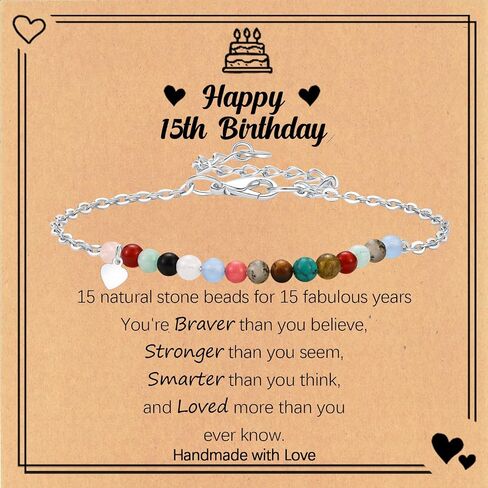 Birthday Gift for 9-16 Year Old, Small Natural Stone Beaded Bracelet Adjustable Heart Charm Bracelet for Daughter Granddaughter Sister Niece Friend on Birthday Graduation with Message Card Gift Box in Kuwait