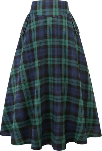 IDEALSANXUN Womens Plaid Skirts Fall Winter High Waisted A Line Long Pleated Maxi Skirt with Pockets in Kuwait