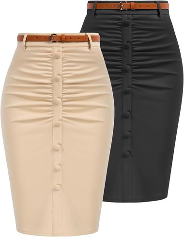 Belle Poque Pencil Skirts for Women Knee Length Vintage High Waist Skirts with Belt 2 Pack in Saudi Arabia