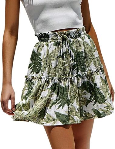 Hoerev Womens Girls Floral Flared Short Skirt Cute High Waist Ruffle Skirt Beach Mini Skirt in Kuwait