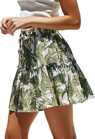 Hoerev Womens Girls Floral Flared Short Skirt Cute High Waist Ruffle Skirt Beach Mini Skirt in Kuwait