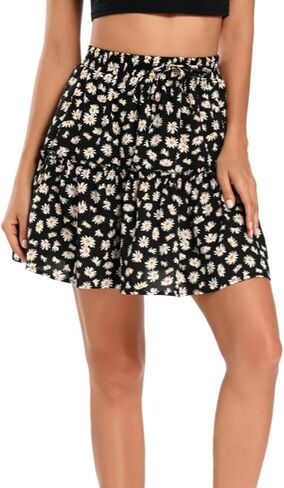 Hoerev Womens Girls Floral Flared Short Skirt Cute High Waist Ruffle Skirt Beach Mini Skirt in Kuwait