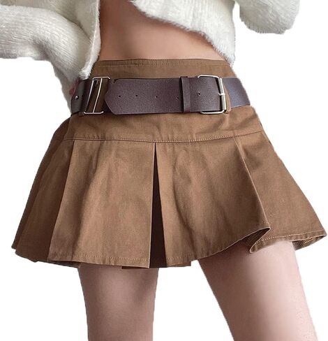 AULKEEP Womens College Style Mini Belt Skirts Swing A-Line Pleated Skirt Vintage Ruffle Short Brown Skirts in Saudi Arabia