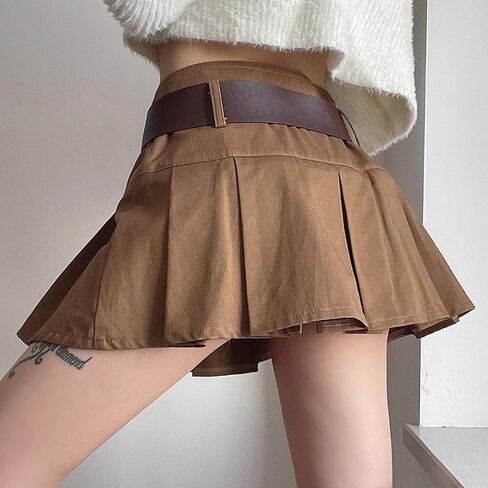AULKEEP Womens College Style Mini Belt Skirts Swing A-Line Pleated Skirt Vintage Ruffle Short Brown Skirts in Saudi Arabia