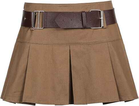 AULKEEP Womens College Style Mini Belt Skirts Swing A-Line Pleated Skirt Vintage Ruffle Short Brown Skirts in Saudi Arabia