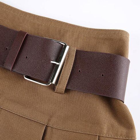 AULKEEP Womens College Style Mini Belt Skirts Swing A-Line Pleated Skirt Vintage Ruffle Short Brown Skirts in Saudi Arabia