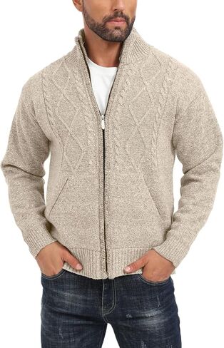 Les umes Mens Knitted Full Zipper Cardigan Fleece Lined Sweater Warm Stand Collar Jumper Coat with Pockets in Kuwait