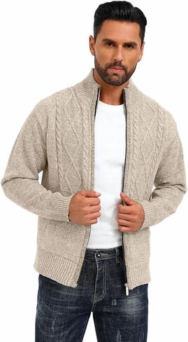 Les umes Mens Knitted Full Zipper Cardigan Fleece Lined Sweater Warm Stand Collar Jumper Coat with Pockets in Kuwait